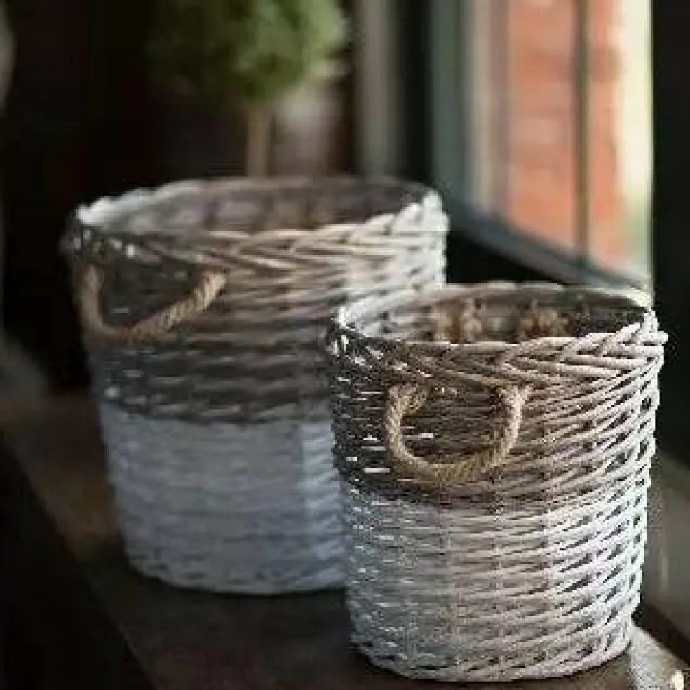 Set of 2 Round Willow Storage Baskets White Dipped Large Small Nesting Bins