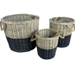 Set of 3 Round Willow Storage Baskets Black Dipped Rope Handles Large Medium Small