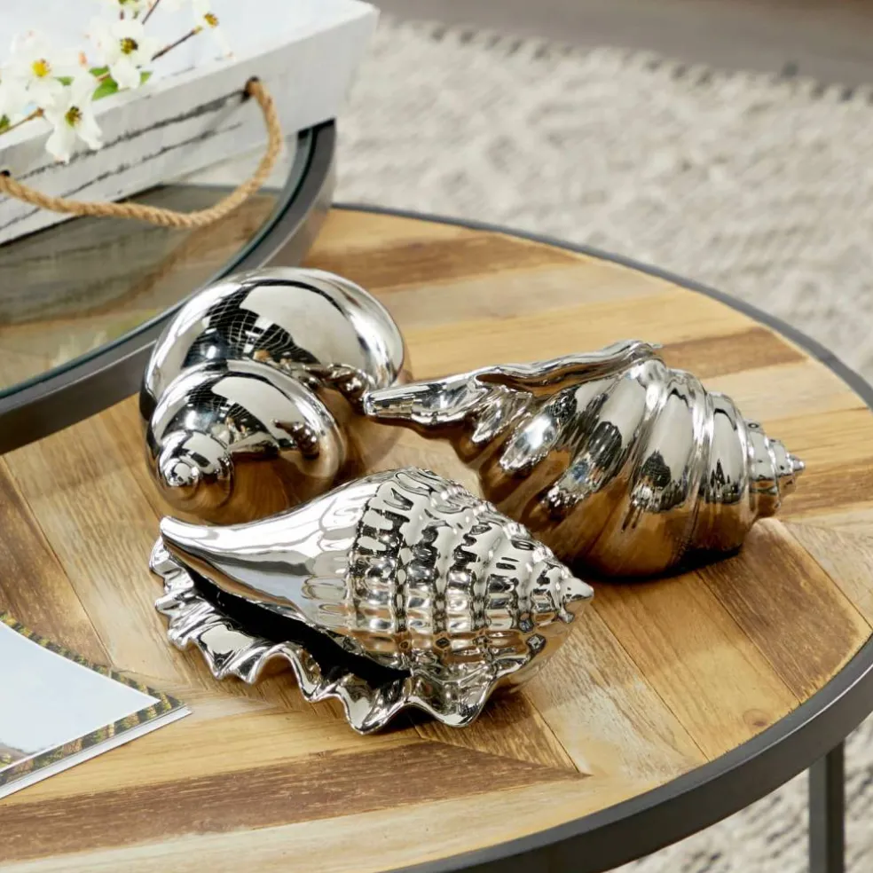 Set of 3 Silver Ceramic Coastal Shell Sculpture, 8", 7", 6"