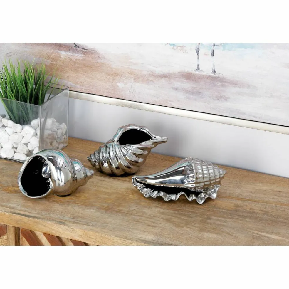 Set of 3 Silver Ceramic Coastal Shell Sculpture, 8", 7", 6"