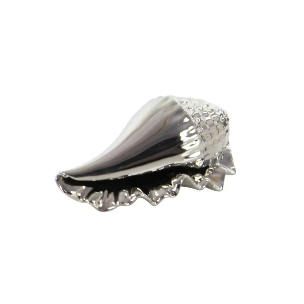 Set of 3 Silver Ceramic Coastal Shell Sculpture, 8", 7", 6"