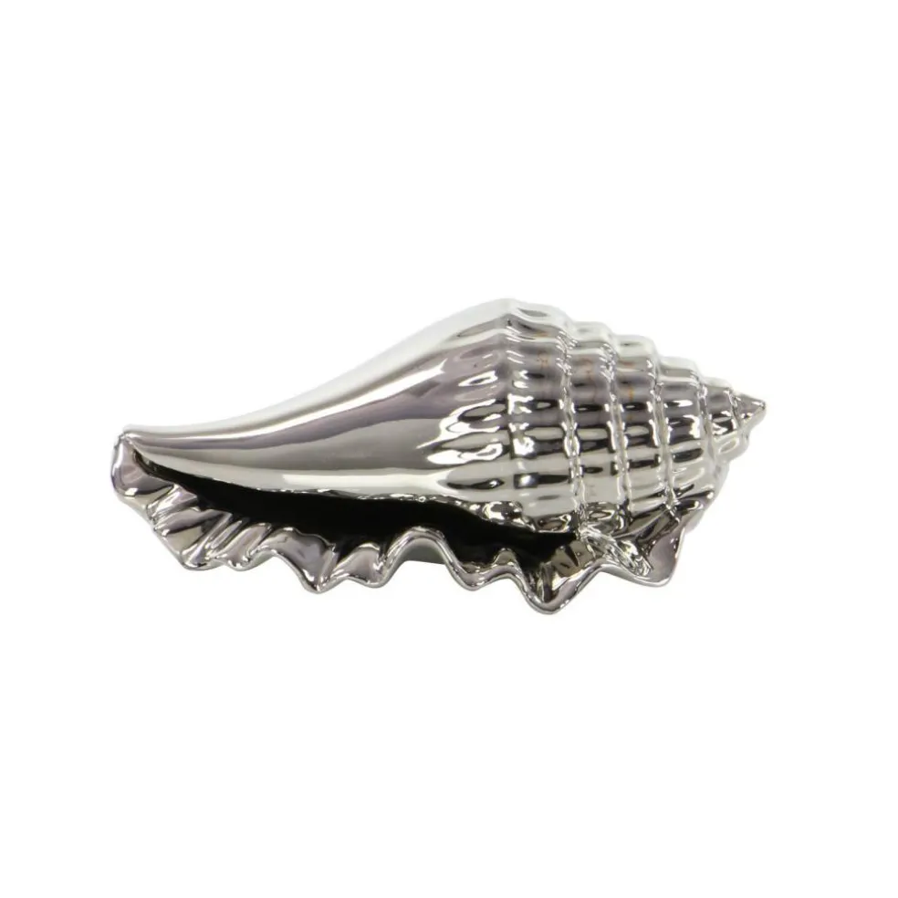 Set of 3 Silver Ceramic Coastal Shell Sculpture, 8", 7", 6"