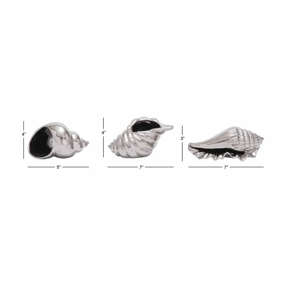 Set of 3 Silver Ceramic Coastal Shell Sculpture, 8", 7", 6"