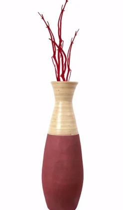 Set of 2 31.5" Tall Handcrafted Bamboo Floor Vase, Burgundy and Natural Finish, Decorative Accent, Large Floor Vase, Sustainable Bamboo, Living Room, Dining Room, Entryway Decor, Unique Home Accent