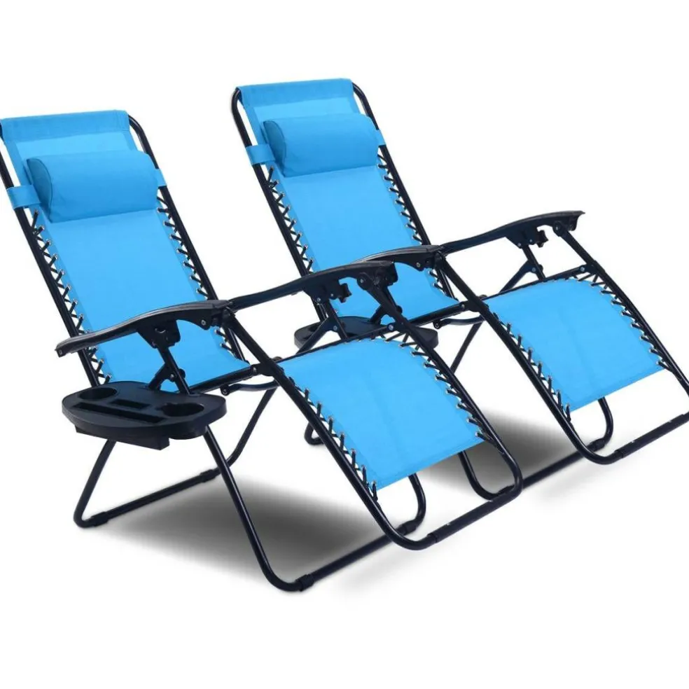 Set of 2 Zero Gravity Steel Frame Reclining Chairs with Lockable Positions and Removable Headrest, Tray