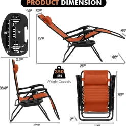 Set of 2 Zero Gravity Steel Frame Reclining Chairs with Lockable Positions and Removable Headrest, Tray