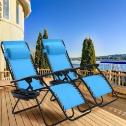 Set of 2 Zero Gravity Steel Frame Reclining Chairs with Lockable Positions and Removable Headrest, Tray