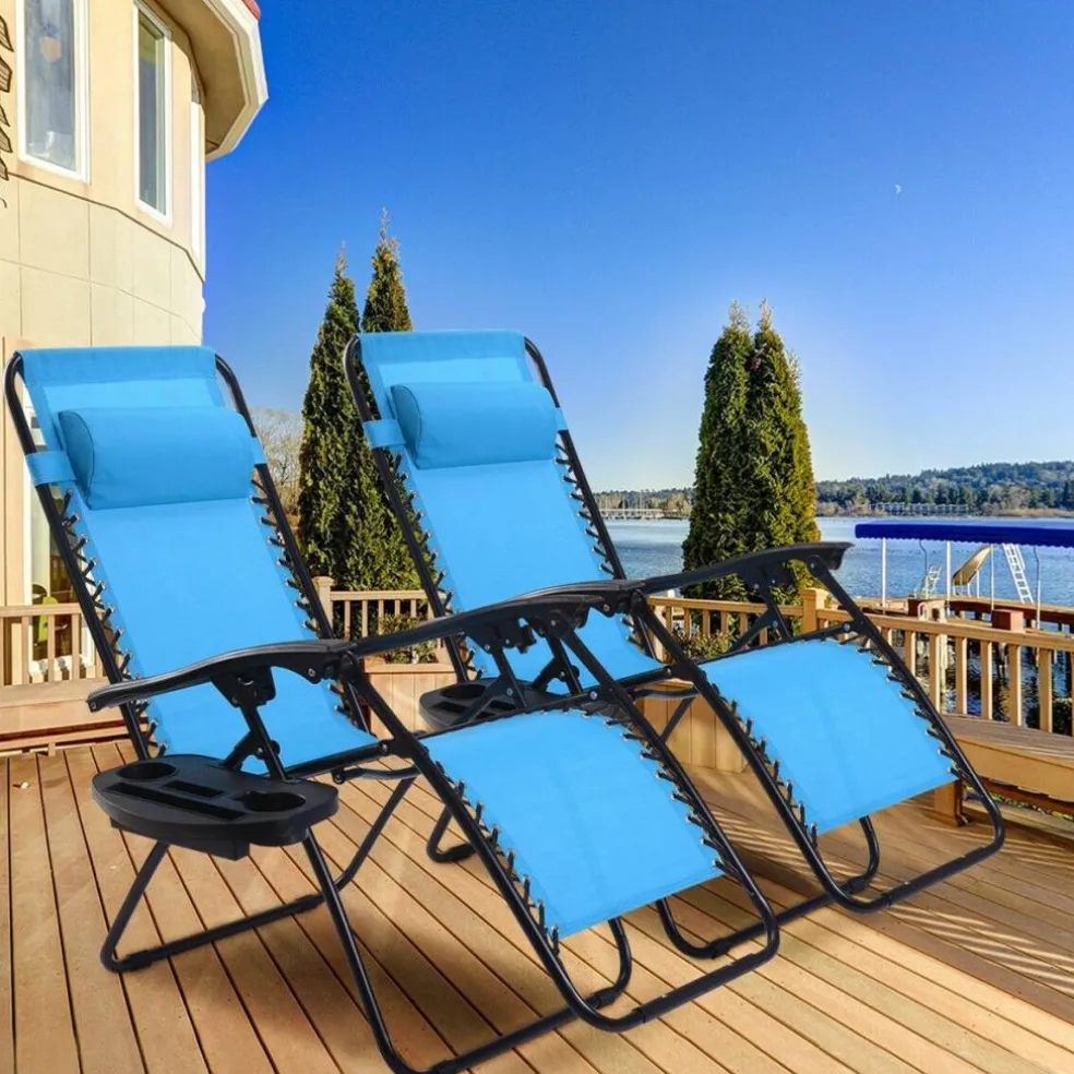 Set of 2 Zero Gravity Steel Frame Reclining Chairs with Lockable Positions and Removable Headrest, Tray