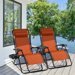 Set of 2 Zero Gravity Steel Frame Reclining Chairs with Lockable Positions and Removable Headrest, Tray