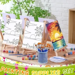 6 Set Pre Drawn Canvas for Painting for Adults Sip and Paint Kit with Easels 8 x 10 Inches Paint Party Kit with Printed Canvas Paints Brushes Palette Apron(Seaside Sunset)