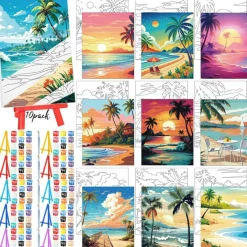 10 Set Pre-Printed Canvas Painting Kit with Easels, 5x7 Inch Hawaii Outline DIY Paint by Numbers Style Art Set with Acrylic Paints & Brushes for Beginners, Party Favors & Home Decor