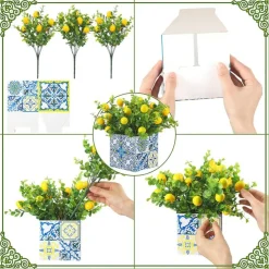 4 Sets Blue Tile Lemon Table Centerpiece Décor with Artificial Lemon Branches, Amalfi Coast-Inspired Box Decorations for Capri, Mediterranean, Positano, Weddings, Birthdays, and Parties