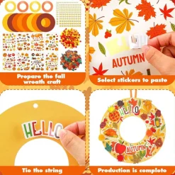 48 Sets DIY Autumn Wreath Craft Kit for Kids – Fall Paper Wreath Hanging Ornaments with Pumpkin, Maple Leaf & Harvest Stickers | Thanksgiving Party Activity Supplies, Classroom Crafts, Home Décor & Party Favors