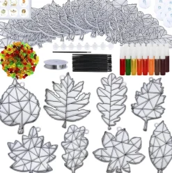 24 Sets Fall Leaf Suncatcher Craft Kits – DIY Window Painting Art Kit with Acrylic Paints, Beads & Hooks, Autumn Maple Leaf Suncatchers for Kids Classroom Thanksgiving Harvest Party Decorations