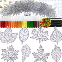 24 Sets Fall Leaf Suncatcher Craft Kit – DIY Autumn Window Art Painting Set with Maple, Oak & Seasonal Leaf Designs | Includes Paints, Beads, Brushes, Hooks & String for Kids Classroom, Thanksgiving & Fall Activities