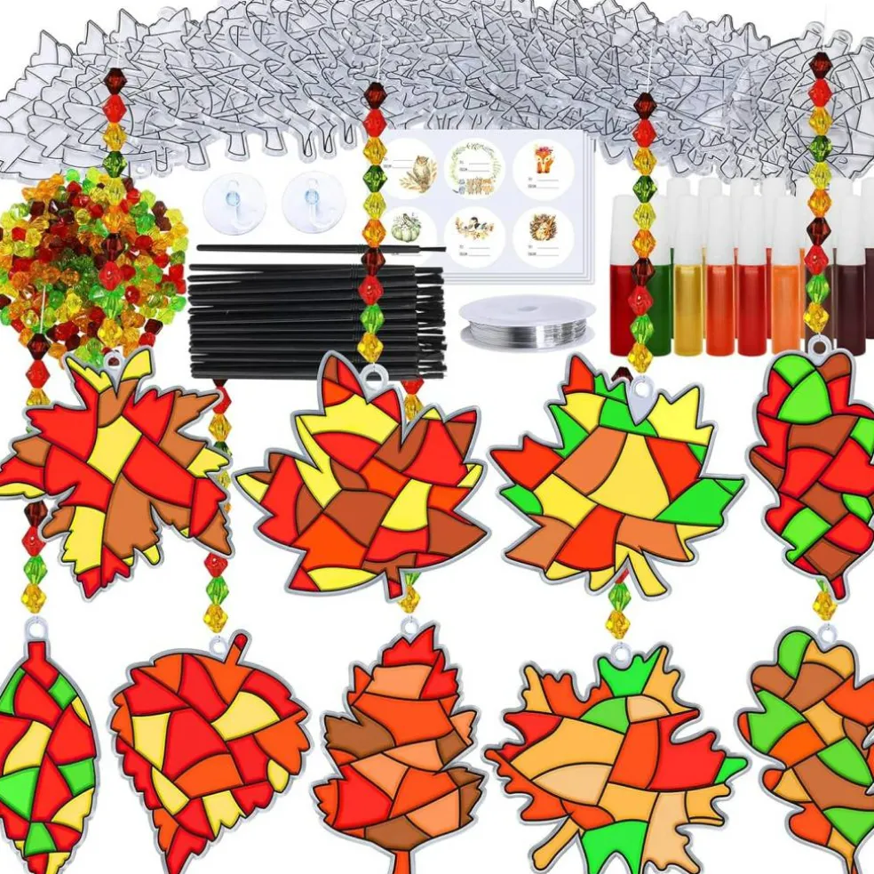 27 Sets Fall Leaf Suncatcher Craft Kit – DIY Window Art Painting Set with Maple, Oak & Autumn Leaf Designs | Includes Paints, Beads, Brushes, Hooks & Strings for Kids Classroom, Thanksgiving & Harvest Activities