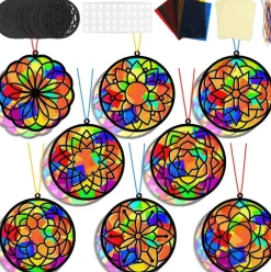 32 Sets Mandala Suncatcher Craft Kit for Kids and Adults, DIY Flower Window Art with Stained Glass Effect Paper, Spring Classroom Crafts, Sun Catcher Decoration Activity, Party Favor Gift