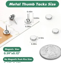 24 Sets Metal Magnetic Push Pins Silver Decorative Thumbtacks for Cork Board & Drywall, Strong Neodymium Magnet Poster Hangers for Photos, Maps, and Artwork