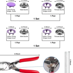200 Set Snap Button Kit - 9.5mm 10 Colors Snaps for Fabric - Fastener Pliers & Snap Fastener Tool - 100 Hollow & 100 Solid - Suitable for DIY, Sewing, Crafting