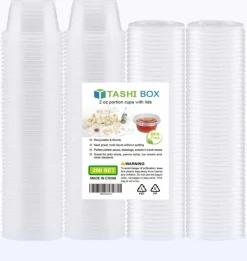 200 Sets - 2 Ounce Disposable Plastic Shot Cups with Lids, Souffle Portion Container