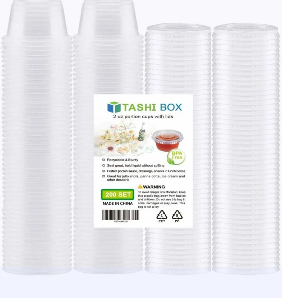 200 Sets - 2 Ounce Disposable Plastic Shot Cups with Lids, Souffle Portion Container