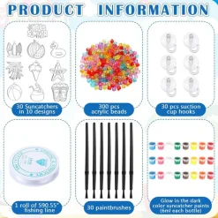 30 Sets Summer Suncatcher Craft Kits DIY Glow in the Dark Stained Glass Window Art Set with Paints, Brushes, Beads & Hooks for Kids Party Activities, Art Projects & Home Window Decoration