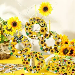 48 Sets Sunflower Craft Kits DIY Paper Wreath Ornaments, Bee Daisy Sticker Craft Activities with Foam Stickers and Hanging Rope, Summer Spring Party Supplies for Kids Classroom Home Decoration