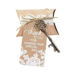 50 Sets Vintage Key Bottle Openers, Wedding Favor Souvenir Gift for Guests with Escort Card Thank You Tag Pillow Box and Jute Rope (White Lace)
