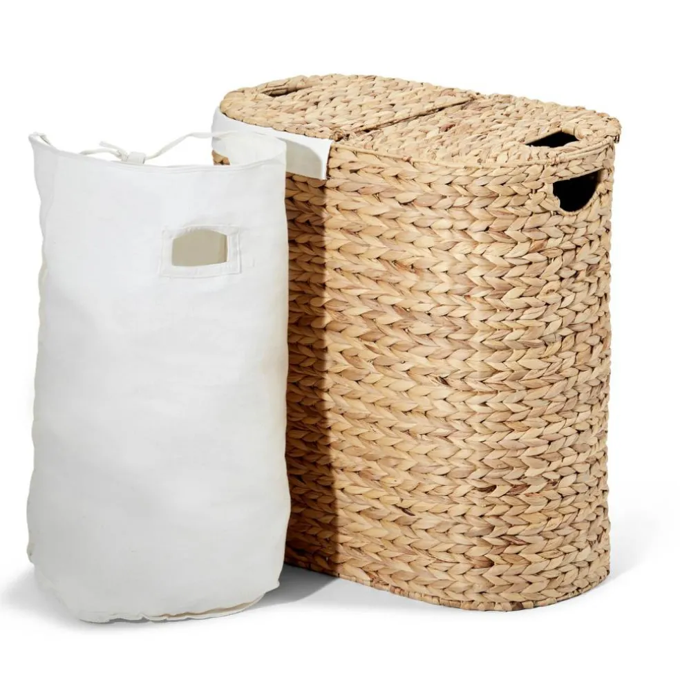 Seville Classics Natural Handwoven Lidded Oval Double Laundry Hamper, 22.75" W x 13" D x 24" H