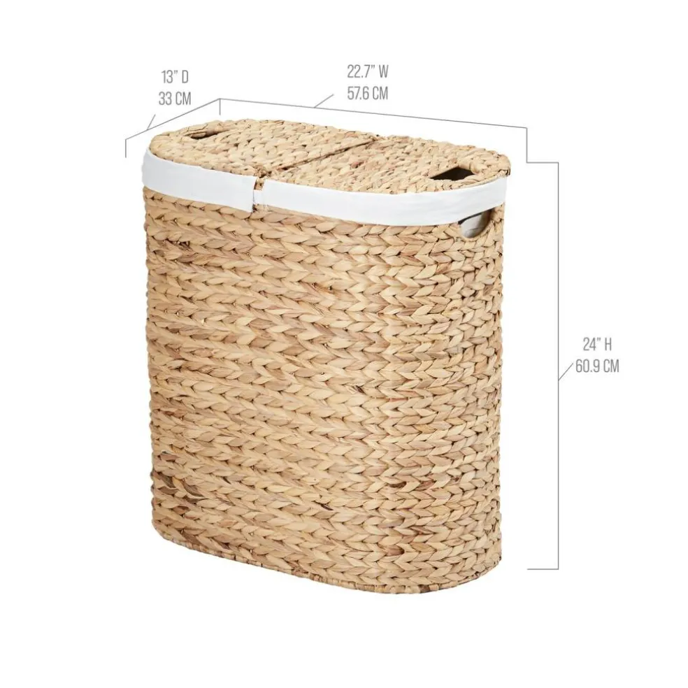 Seville Classics Natural Handwoven Lidded Oval Double Laundry Hamper, 22.75" W x 13" D x 24" H