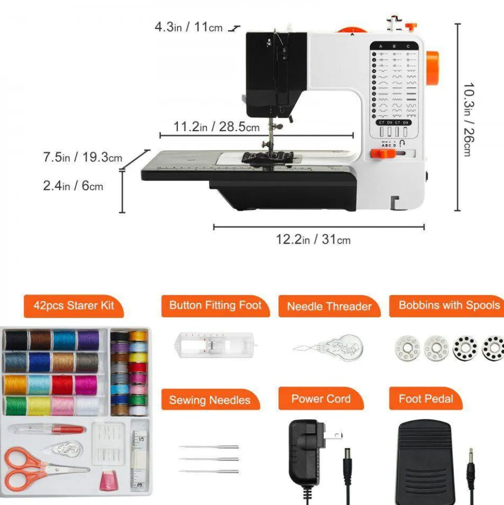 Sewing Machine 38 Stitch Portable With Extension Table Foot Pedal And Light For Beginners Home Sewing
