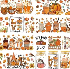 8-Sheet Fall Thanksgiving Rub-On Transfer Stickers – Orange Pumpkin & Autumn Harvest UV DTF Cup Wraps for 16 oz Glass Cups, DIY Seasonal Home & Party Decor