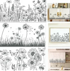 3 Sheets Black & White Rub-On Transfer Stickers for Crafts, 6”x12” Vintage Floral & Dandelion Rub-On Decals, Waterproof Furniture Transfer Stickers for Wood, Glass, Paper, DIY Farmhouse Home Decor, Furniture Upcycling & Craft Projects