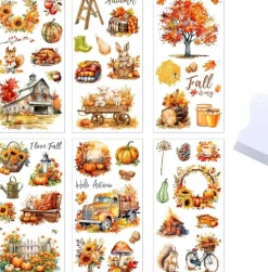 6 Sheets Fall Rub On Transfer Stickers – Vintage Autumn Furniture Decals 6"x12" Pumpkin Sunflower Maple Leaf UV Transfers – Farmhouse DIY Craft Decor for Wood, Glass, Metal & Scrapbooking Projects