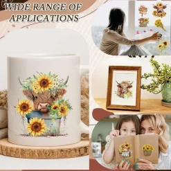 9 Sheets Highland Cow Rub On Transfers – Sunflower & Butterfly Furniture Decals – Vintage Farmhouse UV Transfer Stickers for Wood, Glass, Scrapbook & DIY Home Decor (6.5"x6.5")