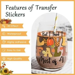 8 Sheets Thanksgiving UV DTF Decals, Pumpkin Gnome Autumn Rub On Transfer Stickers, Hello Fall Harvest Cup Wraps for 16 oz Glass Tumbler Water Bottle DIY Halloween Decor