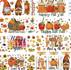 8 Sheets Thanksgiving UV DTF Decals, Pumpkin Gnome Autumn Rub On Transfer Stickers, Hello Fall Harvest Cup Wraps for 16 oz Glass Tumbler Water Bottle DIY Halloween Decor