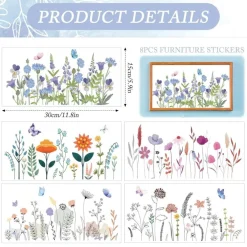 8 Sheets Vintage Wildflower Butterfly Rub On Transfers for Crafts and Furniture, Botanical UV Transfer Stickers for Wood, Glass, Vases, Tables, Office and DIY Home Decor