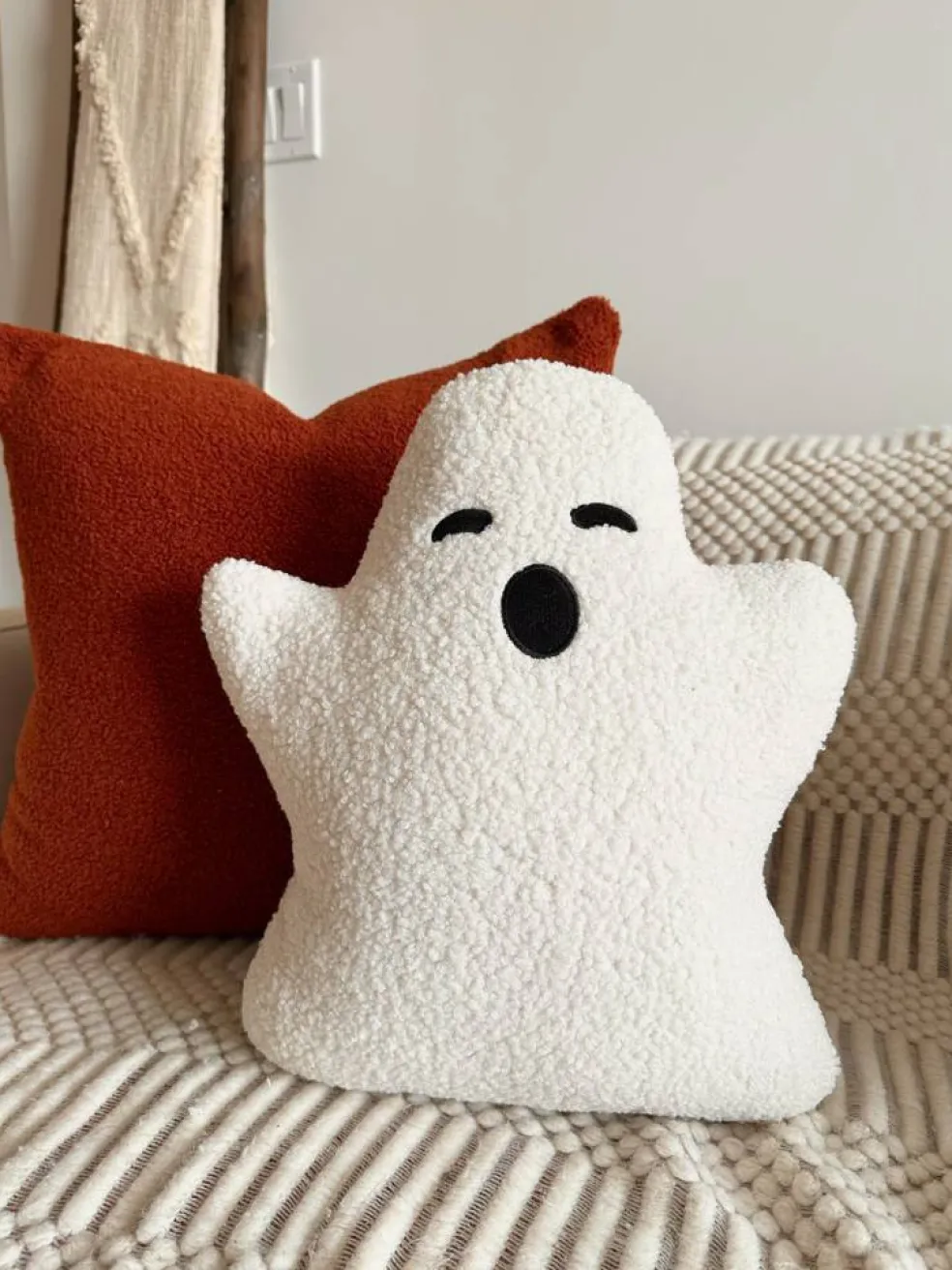 Sherpa Ghost Pillow – 13" x 15" White Plush Halloween Decor