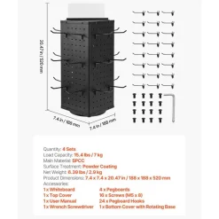 4-Sided Spinning Pegboard Display Rack with 24 Hooks for Tools and Accessories