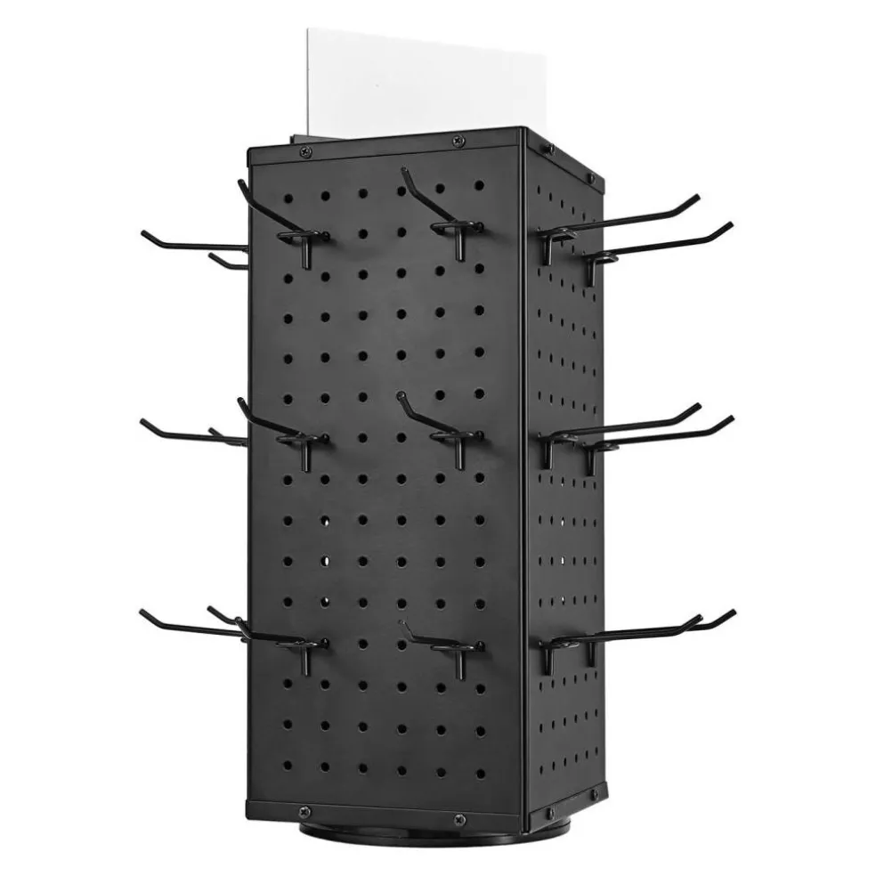 4-Sided Spinning Pegboard Display Rack with 24 Hooks for Tools and Accessories