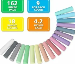 Sidewalk Chalk, 162 Pack 18 Colors Sidewalk Chalk Set For Kids Jumbo Chalk Bulk, Great for Kids Family, Paint on Sidewalk Wall School Driveway Blackboard Street Playground