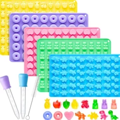 Silicone Gummy Molds Set of 5, Non-stick Candy Chocolate Molds with 2 Droppers 1 Clean Brush, Includes Dinosaur Bear Donut Fruit Heart Shape