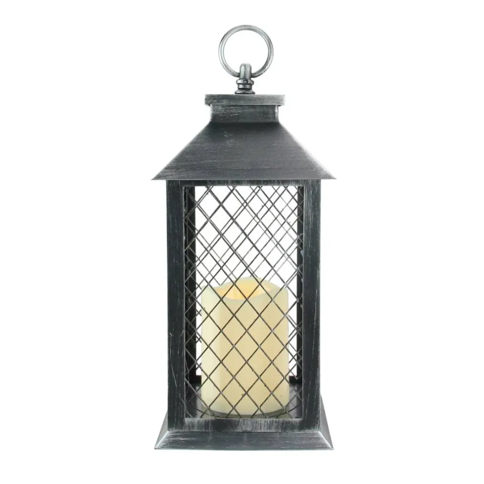 11" Silver Brushed Black Mesh Lantern with Flameless LED Candle