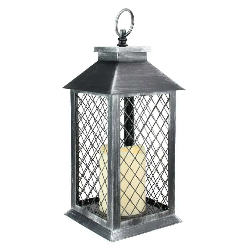 11" Silver Brushed Black Mesh Lantern with Flameless LED Candle