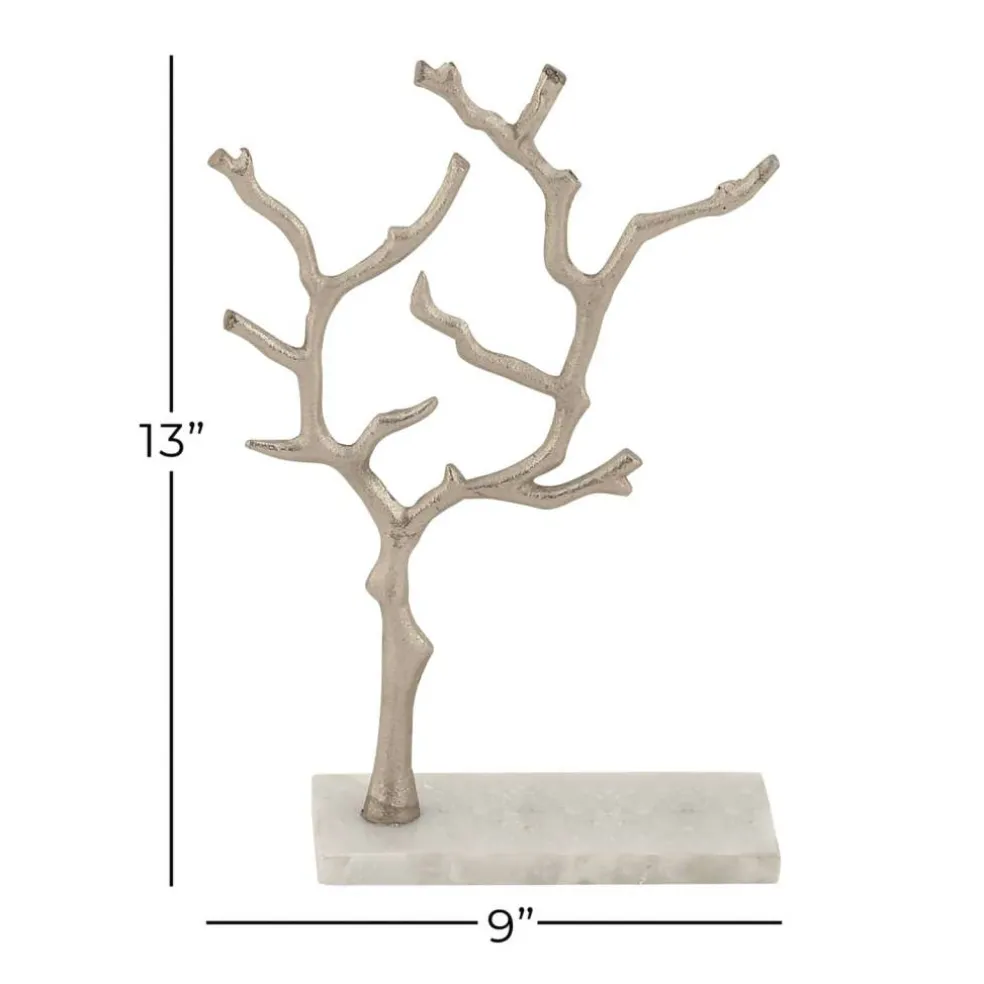 Silver Metal Tree Branch Jewelry Stand With Marble Base, 13" x 9" x 3"