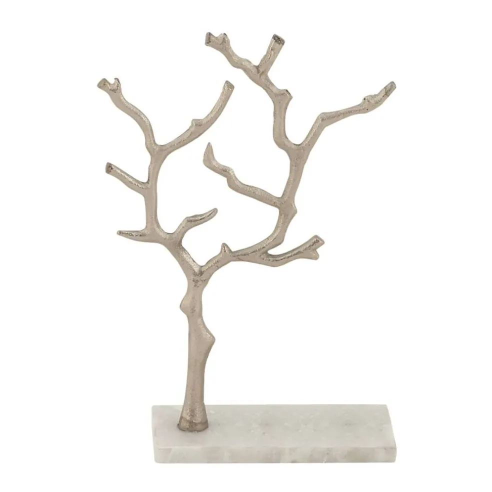 Silver Metal Tree Branch Jewelry Stand With Marble Base, 13" x 9" x 3"