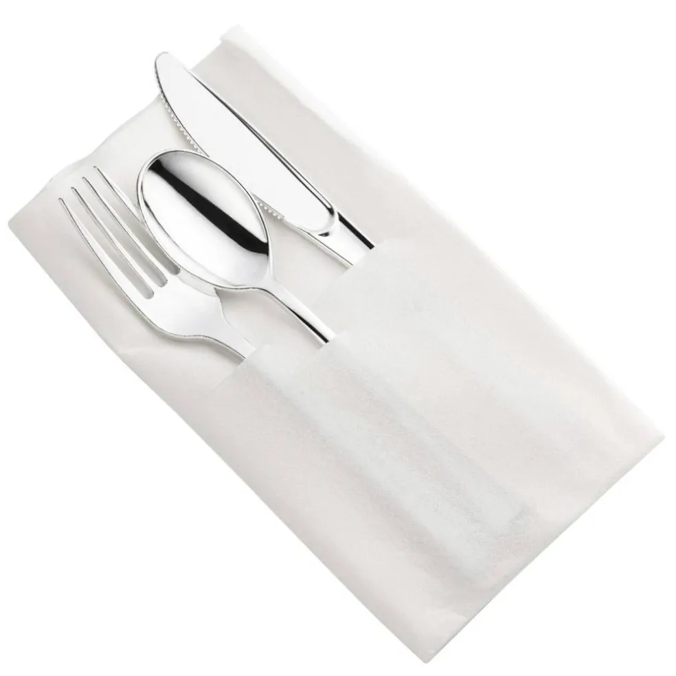 Silver Plastic Cutlery in White Pocket Napkin Set (70 Guests)