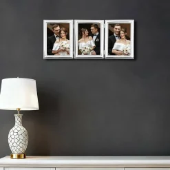Silver Plated 5x7 Triple Hinged Picture Frame, Elegant Beaded Metal Multi Photo Frame with Glass & Velvet Backing for Tabletop & Wall Display, Gift Frame for Home Decor