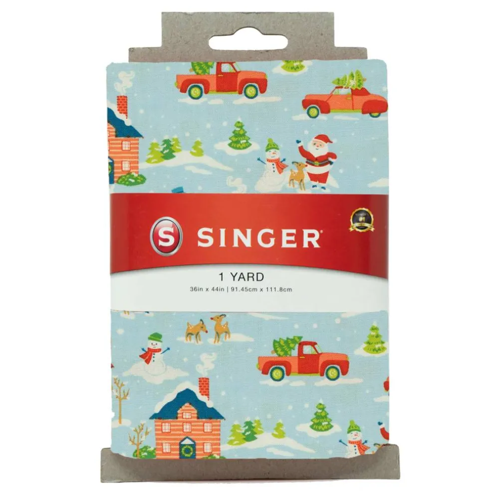 SINGER Blue Santa's Village Cotton Fabric